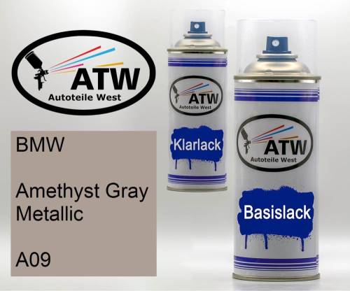 BMW, Amethyst Gray Metallic, A09: 400ml Sprühdose + 400ml Klarlack - Set, von ATW Autoteile West.